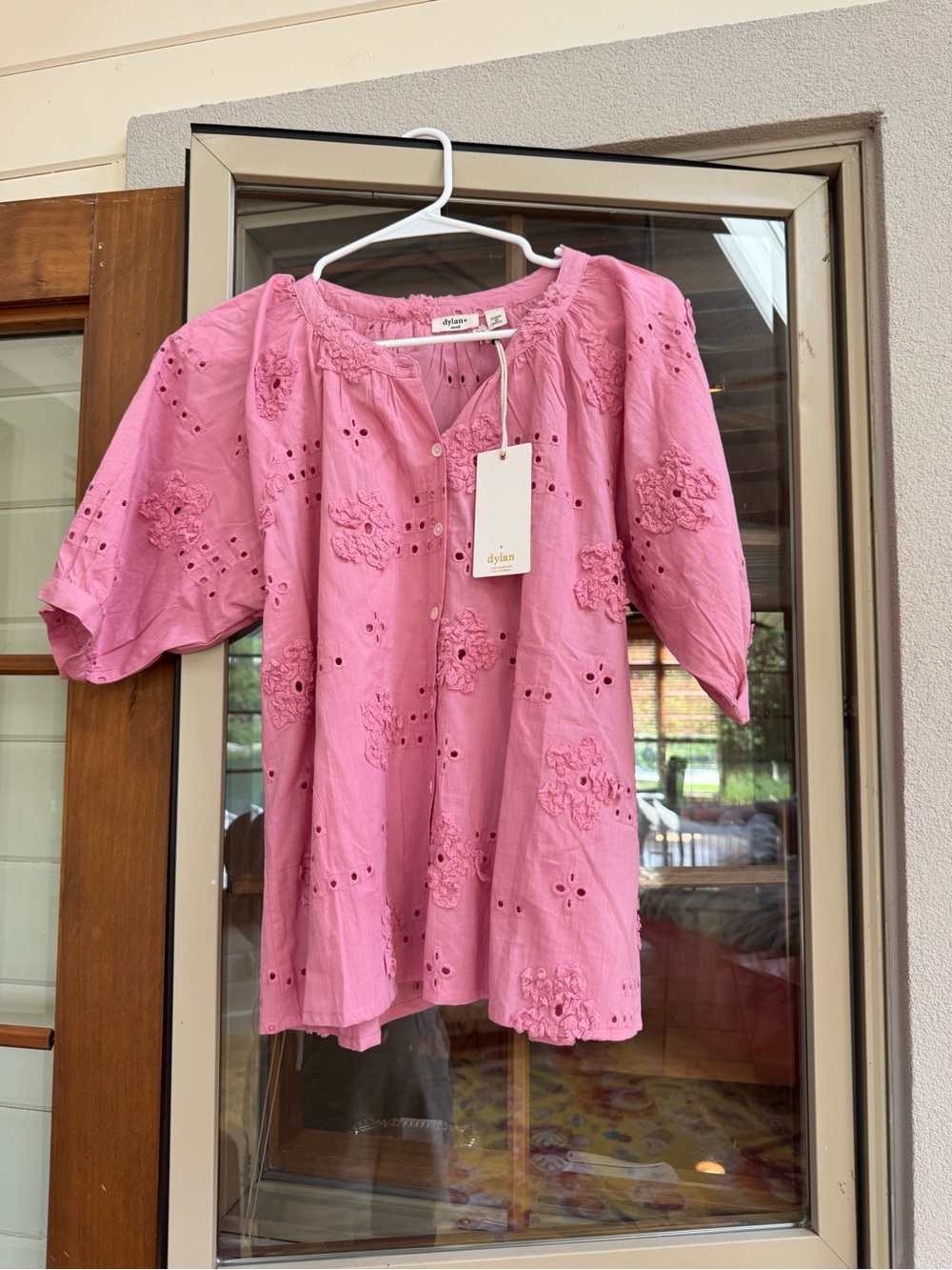 dylan Pink Eyelet Embroidered Peasant Top
